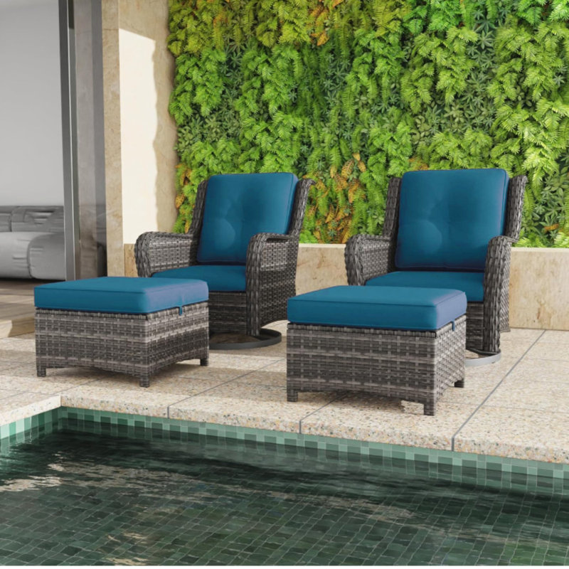 Ensemble de mobilier de patio en osier 5 pièces avec 2 chaises berçantes pivotantes, 2 repose-pieds et 1 table d'appoint