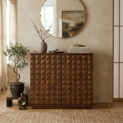 Armoire de rangement 2 portes NTC Sapa, armoire d'appoint en bois massif avec portes 3D sculptées à la main, système de rangement modulaire, armoire extensible pour salon et meuble télé, assemblage facile, noyer foncé