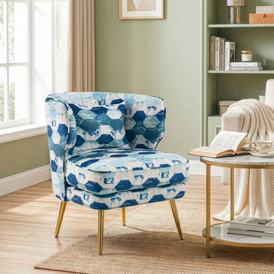 Floral Velvet Barrel Accent Chair With Lumbar Pillow - Mid Century Modern Upholstered Small Space Reading Chair With Gold Metal Legs For Living Room, Bedroom