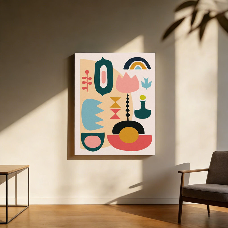Fleurs et vases géométriques abstraits arc-en-ciel, art mural encadré en bois à l'arrière, 30 L x 20 l