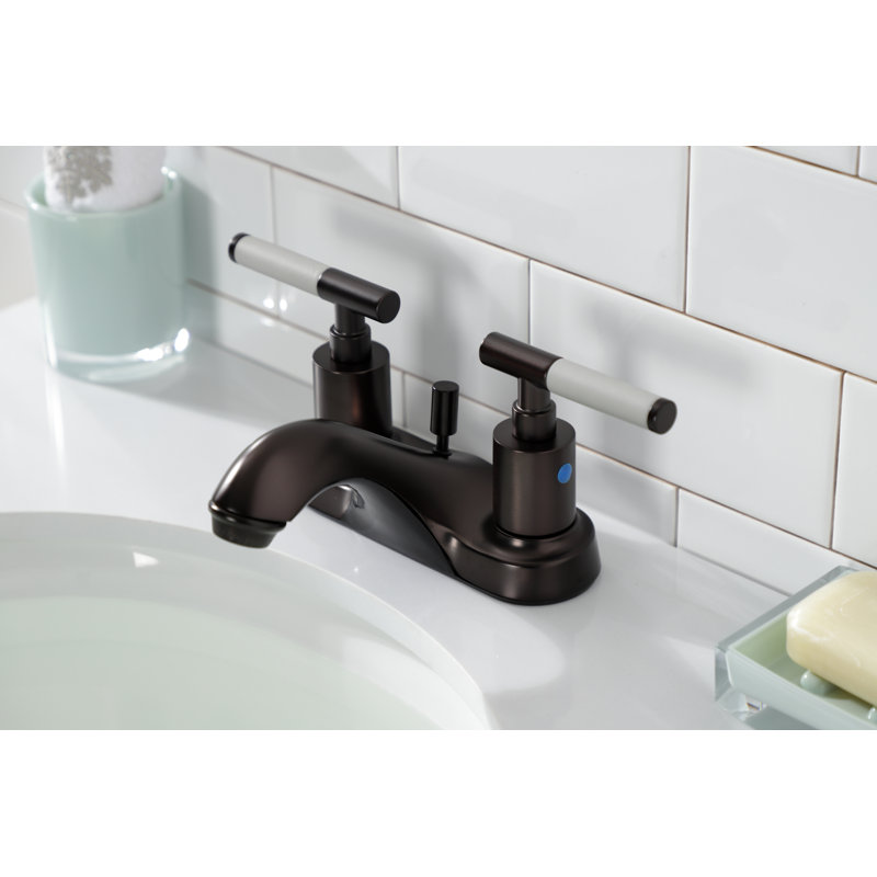 Kingston Brass Kaiser Two-Handle 3-Hole Deck Mount 4" Centerset Bathroom Faucet with Plastic Pop-Up, Oil Rubbed Bronze