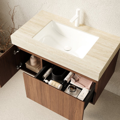 Meuble-lavabo de salle de bain 36 po, rangement en contreplaqué flottant avec tiroir et porte, comptoir en pierre frittée, ouverture de robinet de vasque en céramique, pré-assemblé, finition chêne brun, espace de travail dans une armoire à gratter, aspect bois, feu