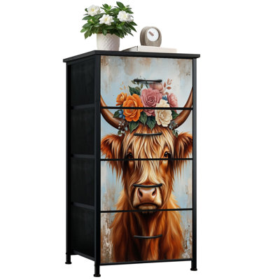 Commode rustique pour chambre à coucher avec 4 tiroirs de rangement Highland Cow