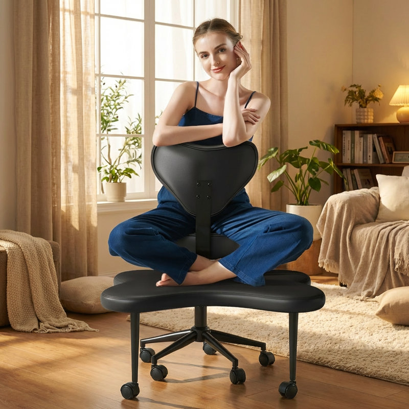 19.7" Seat Width Ergonomic Cross-Legged Office Chair with 31.5" Integrated Footstool, Leather Swivel Desk Chair with Adjustable Height and Back Support Ideal for Home, Office