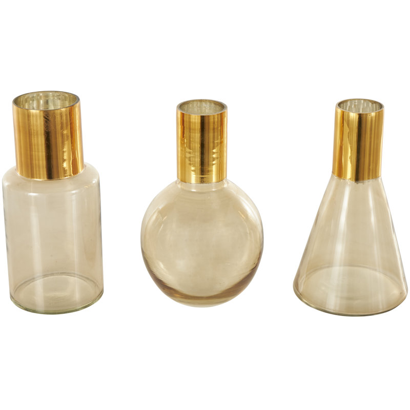 Jaelys Glass Tinted Decorative Vase with Shiny Round Opening Set, Gold, 8.45" H x 4.85" W x 4.8" D
