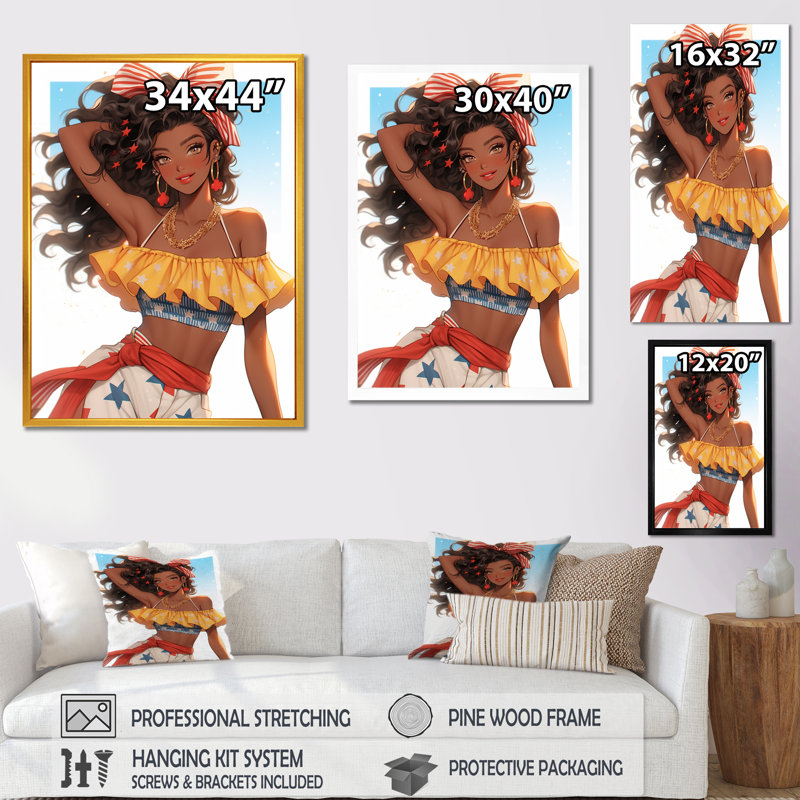 «Delighted Summer Latina Dancer», reproduction, H 44 po x l 34 po x P 1,5 po, Cadre flottant blanc