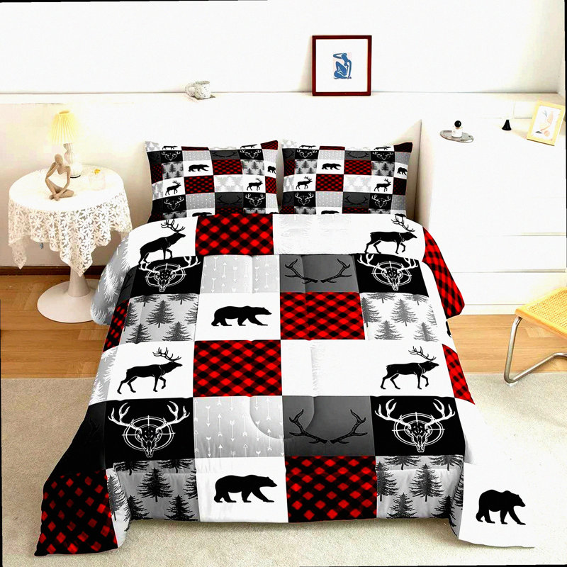 Wild Arrow Antler Queen Comforter Set - Rustic Red Buffalo Plaid Bedding with Pillowcases - Breathable Polyester Patchwork Bedding Comforters