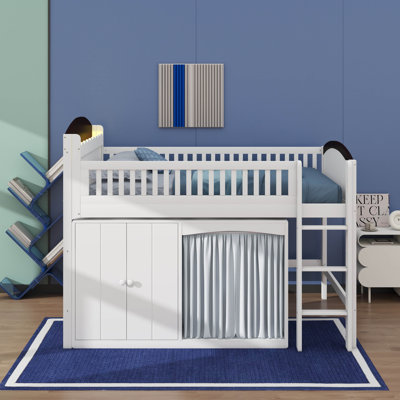 Lit mezzanine avec armoire de rangement, garde-robe et lumières DEL, lit mezzanine en bois massif avec échelle et rails de sécurité pour les adolescents