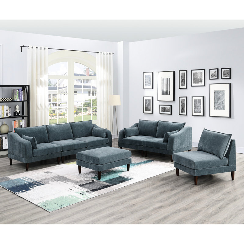 Contemporary 6Pcs Modular , Fabric, 4 One Arm Chairs, 1 Armless Chair, , Appealing Look 4X 1X Wood Leg, Gray Suede