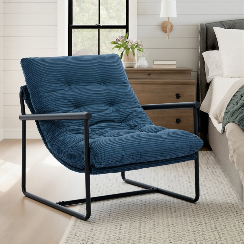 Modern Corduroy Upholstered Accent Chair With Metal Frame, Blue