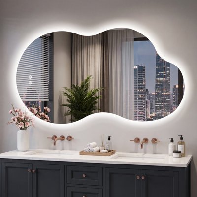 Miroir de salle de bain irrégulier à DEL anti-buée avec rétro-éclairage
