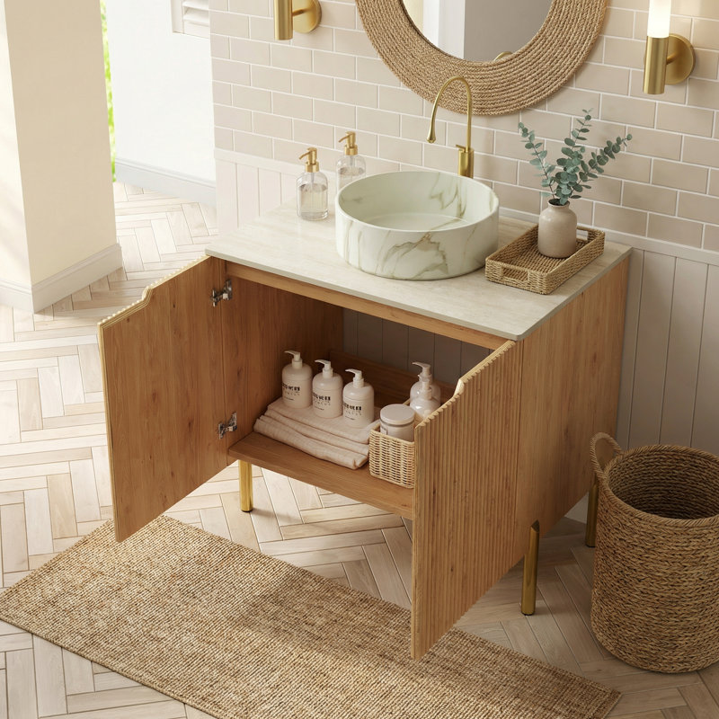 30" Warm Modern Bathroom Vanity with Fluted Doors, Sintered Stone Countertop, Multiple Vessel Sink Options & Soft-Close Storage
