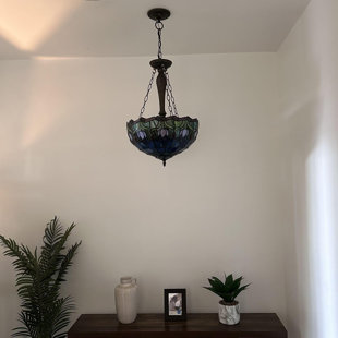 Tiffany Chandeliers Pendant Lighting Blue Stained Glass Purple Tulips LED Bulbs Included 16"W*16"D*60"H
