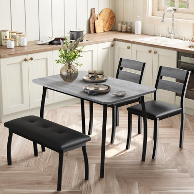 Ensemble de table de salle à manger 5 pièces pour 4 personnes, table avec cadre en métal, chaises et banc rembourrés, mobilier de cuisine de ferme
