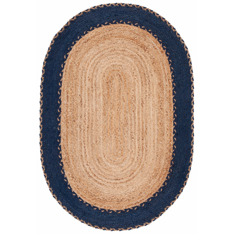 Ajeesh Natural Fiber Hand Loomed Jute/Cotton Rug in Natural/Navy, Oval 7' x 9'