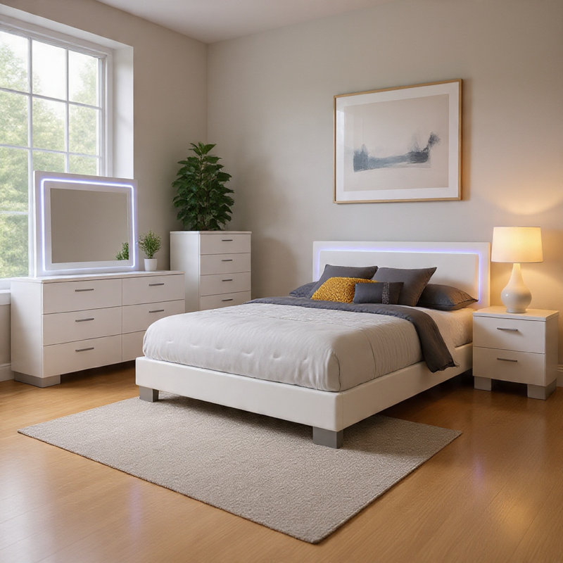 Ensemble de chambre à coucher 5 pièces à lumières DEL Sok, Très grand lit