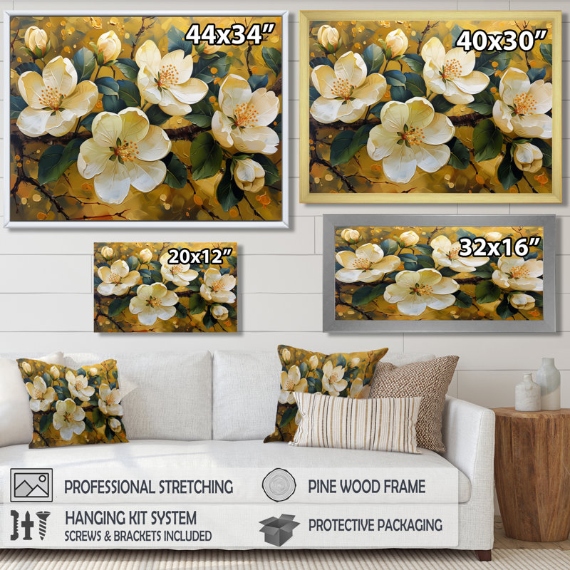 Fleur de pommier jaune en fleurs II - Art mural en fleurs, H 12 po x l 20 po, Cadre simple noir