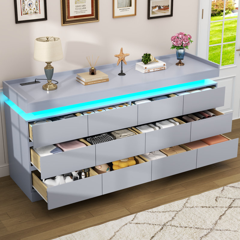 12 Drawer Dresser For Bedroom With Power Outlet, LED Light, Gray