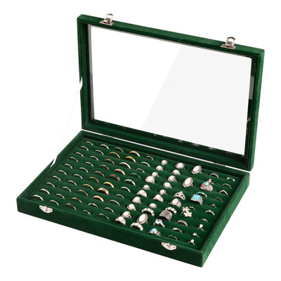 Ring Organizer Tray 100 Slots Ring Holder With Clear Lid Velvet Ring Storage Box Ring Tray For Jewelry Store Ring Display Case(Blackish Green)