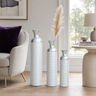 Tall Floor Vases Set of 3 with Silver Dot-Pattern, Handcrafted Metal Embossed Nested Vases