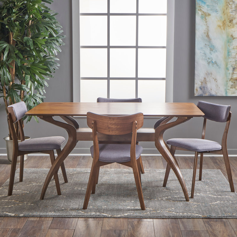 Ensemble de salle à manger à tréteaux en bois pour 4 personnes 59 "avec chaises rembourrées Bryona, Gris foncé, Noyer naturel