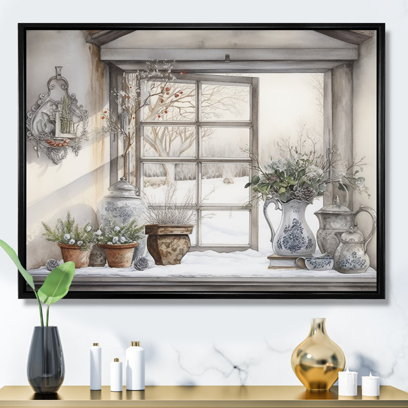 Fenêtres, charme scandinave d'hiver sur toile, Cadre flottant noir, H 34 po x l 44 po x P 1,5 po
