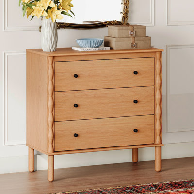 3 Drawer Dresser With Solid Wood Legs And Handmade Relief Design,Walnut