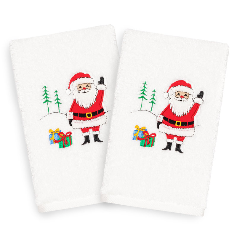 Christmas Santa Waving Embroidered Luxury Turkish Cotton Hand Towel, White
