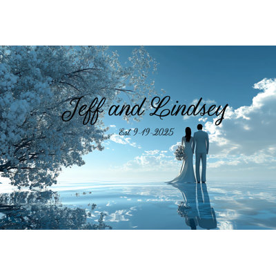 Blue Ocean Reflection Wedding Wallpaper – Couple Walking On Water Dreamscape Mural – Romantic Bridal Moment Scene For Modern Wedding Wall Decor