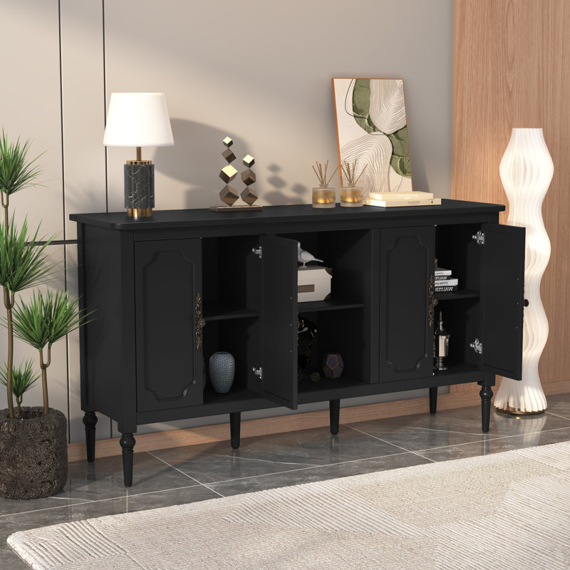 Buffet Gurbachan vintage 4 portes de 150 cm de large avec étagères ouvertes, Noir