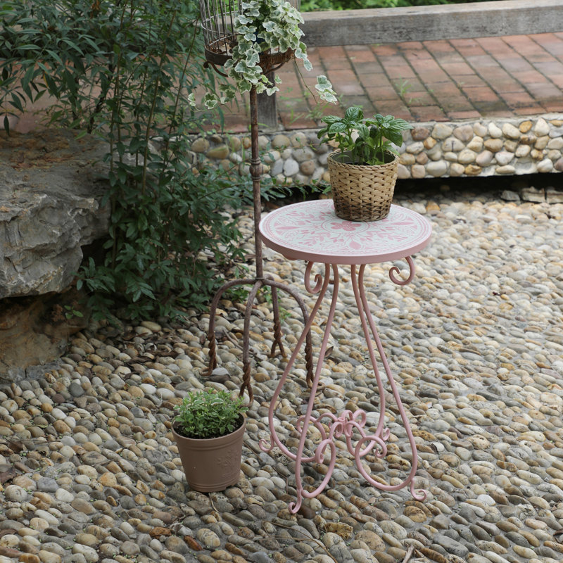  Table d'appoint en céramique, table d'appoint pour patio, support à plante rétro en métal, table d'appoint ronde pour porche, patio, balcon, décoration de salon