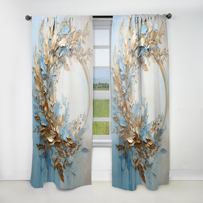 Blue and Gold Wreath Flower - Wreath Curtain - Velvet Room Darkening - 1 Panel, 52" W x 95" L