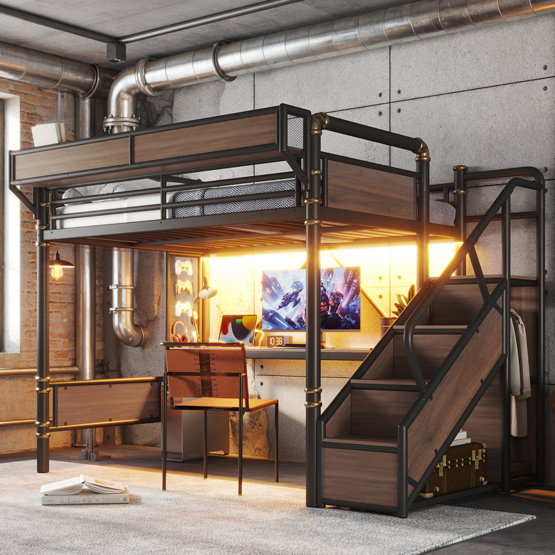 Lit mezzanine en métal pleine grandeur avec glissière et escalier de rangement pour enfants Titan, Black
