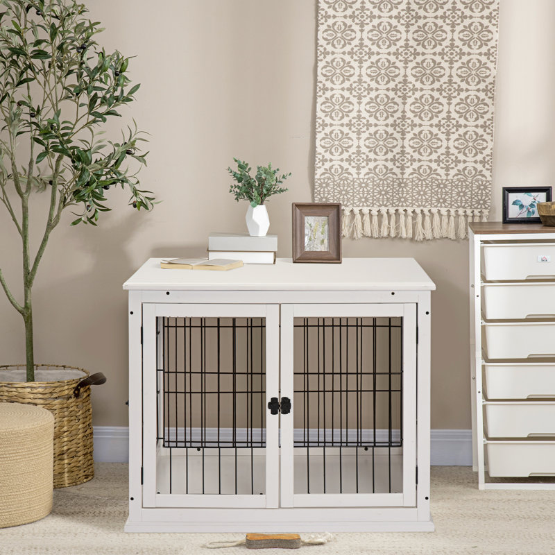 Small Dog Crate End Table, Lockable With Two Opening Sides, Cute Decorative, White For Puppy Kennel Indoor Ways Entrance, Decorative Pure