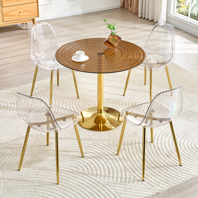 Ensemble de salle à manger 5 pièces Light Luxury avec table ronde en verre brun et 4 chaises en polyuréthane