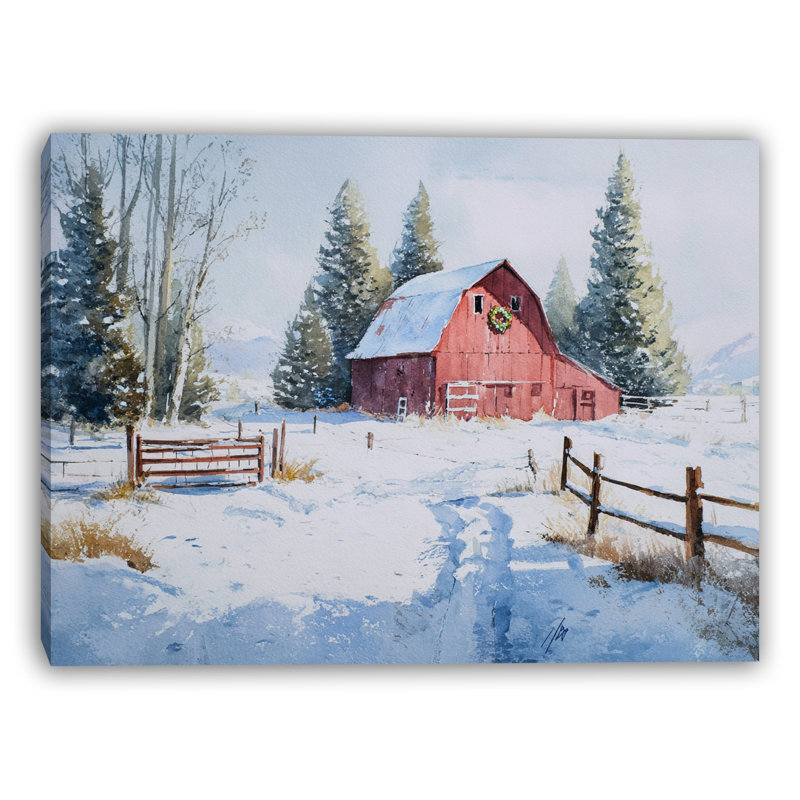 «Red Barn Wreath in Snow», art mural sur toile tendue, H 36 po x l 48 po