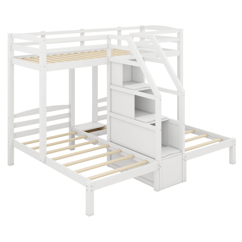Lit superposé simple au dessus d'un lit simple et simple avec escalier et tiroirs, lit superposé pour 3 personnes, escalier avec rangement et tablettes intégrées, pour enfants et adolescents