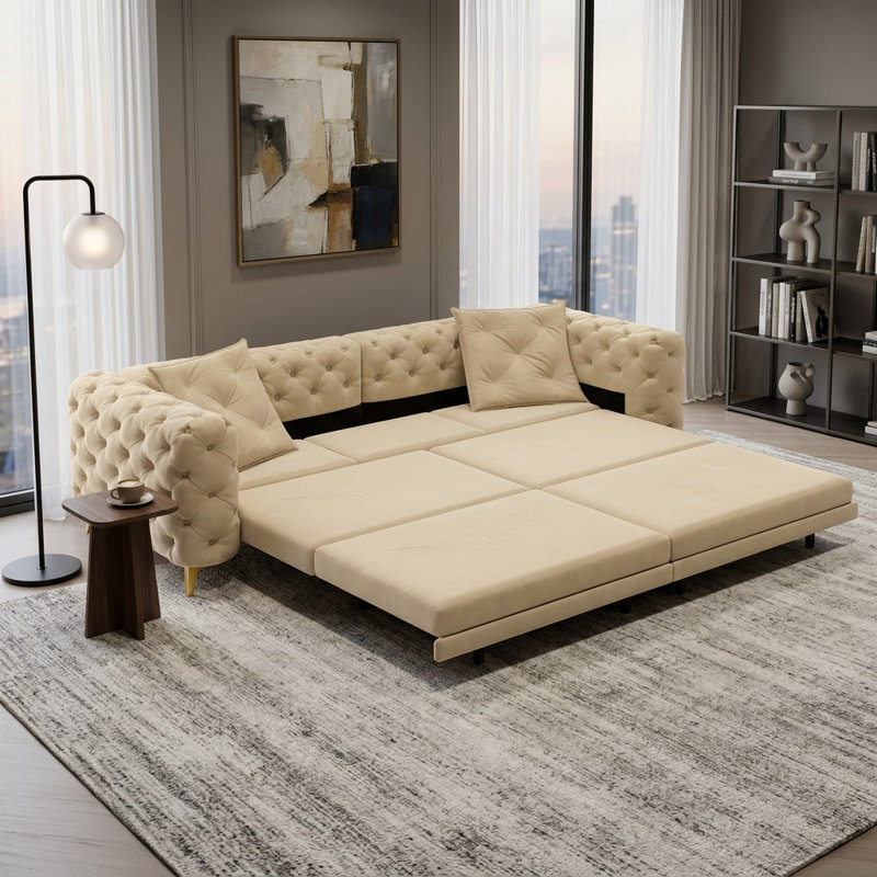 Canapé-lit convertible 3 en 1, 95 cm, en velours beige capitonné, 4 places avec pouf amovible, Apricot