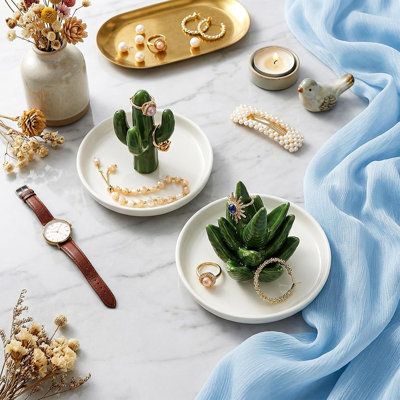 Set Of 2 Aloe And Cactus Ring Holder Dish, Ceramic Plant Jewellery Dish Bracelet Earrings Necklace Organizer Tray, Decorative Succulent Trinket Dish For Wedding, Birthday Gifts, Home Decor
