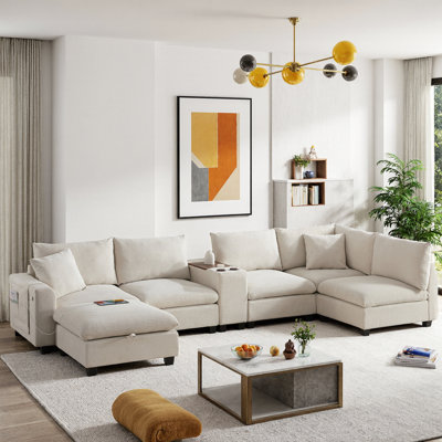 Canapé modulaire en forme de U de 139 po avec console - canapé surdimensionné en velours côtelé de 6 po, siège large de 30 po, chargeur USB, porte-gobelets, repose-pieds de rangement mobile et poches - pour les grands salons
