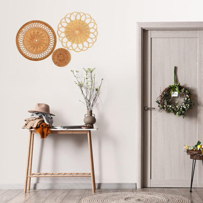 8 sets of Bohemian wall baskets decorated with woven rattan flat baskets, round, handmade, willow, bamboo, hanging simple and elegant tassel wall art, farmhouse bedroom, living room, kitchen decoration