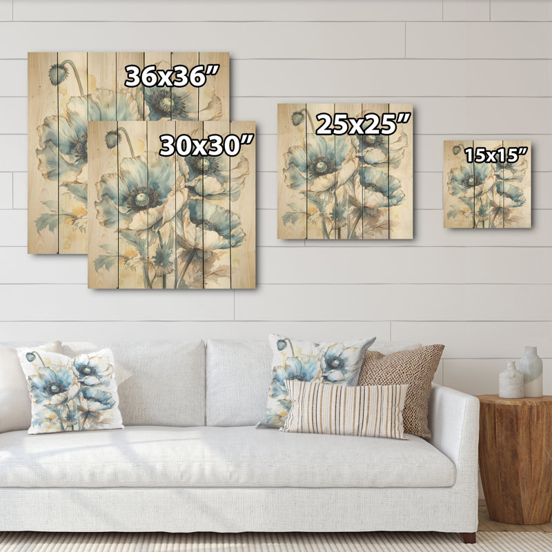 Fleurs de pavot bleu pâle et blanches I - coquelicots, art sur bois de pin naturel, H 15 po x l 15 po