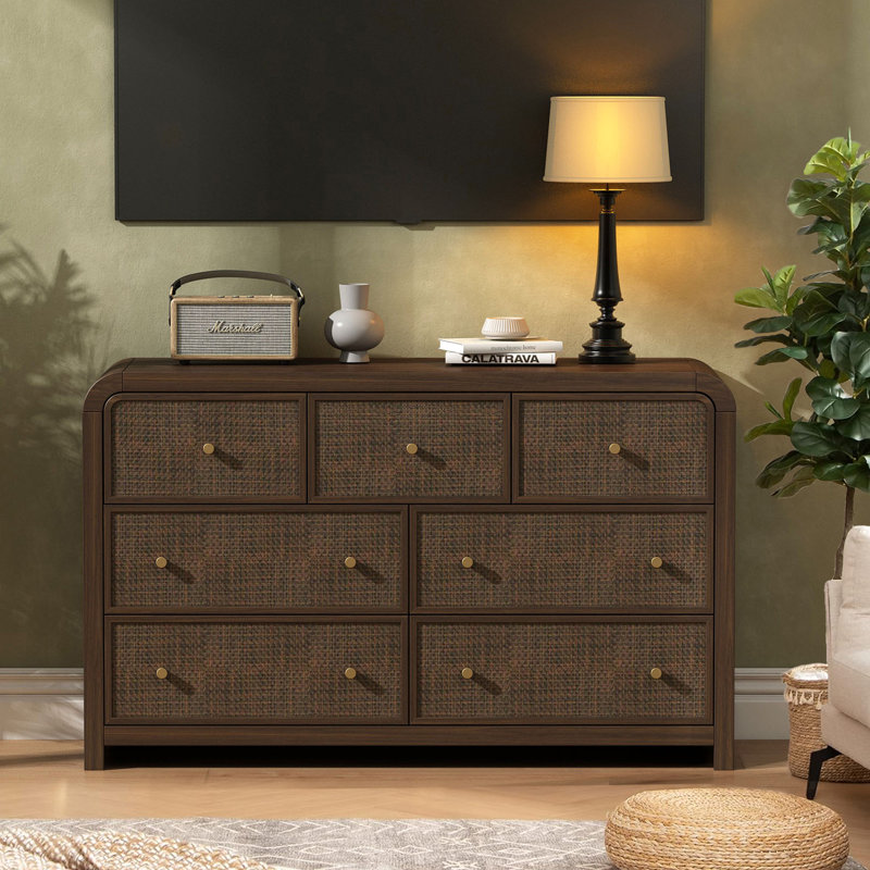 Cevat Rattan 7-Drawers Dresser，Thickened Curved Profile Design, Walnut