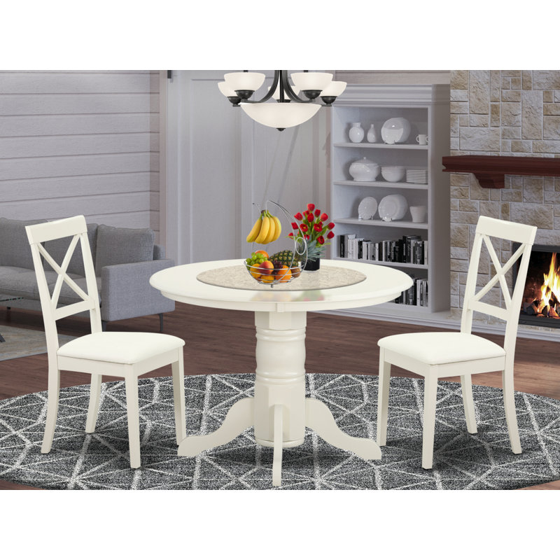 Ensemble de salle à manger 3 pièces pour petits espaces comprenant une table de cuisine ronde avec pied central et 2 chaises de salle à manger rembourrées en similicuir, 107 x 107 cm, blanc lin