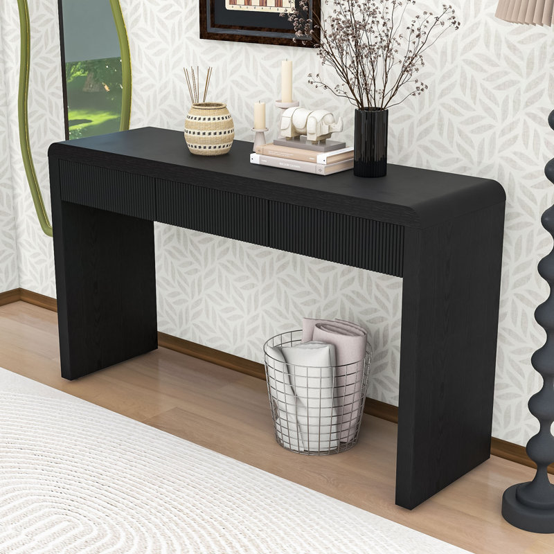 Console rustique en bois minimaliste avec tiroirs de rangement, pieds réglables et bords arrondis, Noir
