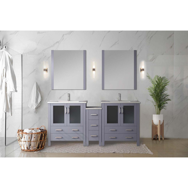 Meuble-lavabo double avec armoires latérales, ensemble de robinet, comptoir en céramique et miroirs