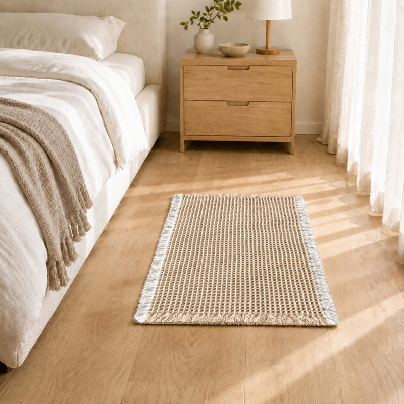 Tapis de bain à franges gaufrées, 20" W x 32" L, Brown/White