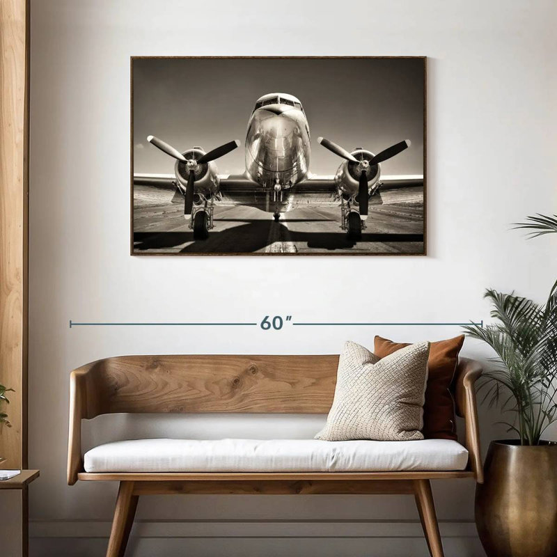Avion rétro noir et blanc, Cadre flottant noyer, 43 po x 29 po