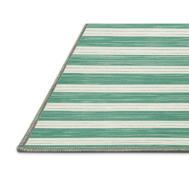 Machine Washable Horizontal Stripes Green Area Rug, Square 6'