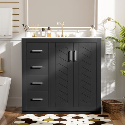 36'' Bathroom Vanity With Ceramic Basin, Solid Wood Frame Storage, Drawers, Boards, Ample Space For Toiletries, Retro Design, Exquisite Handles, Smooth Sliding, Modern Setup 36-Inch Sink , Frame,